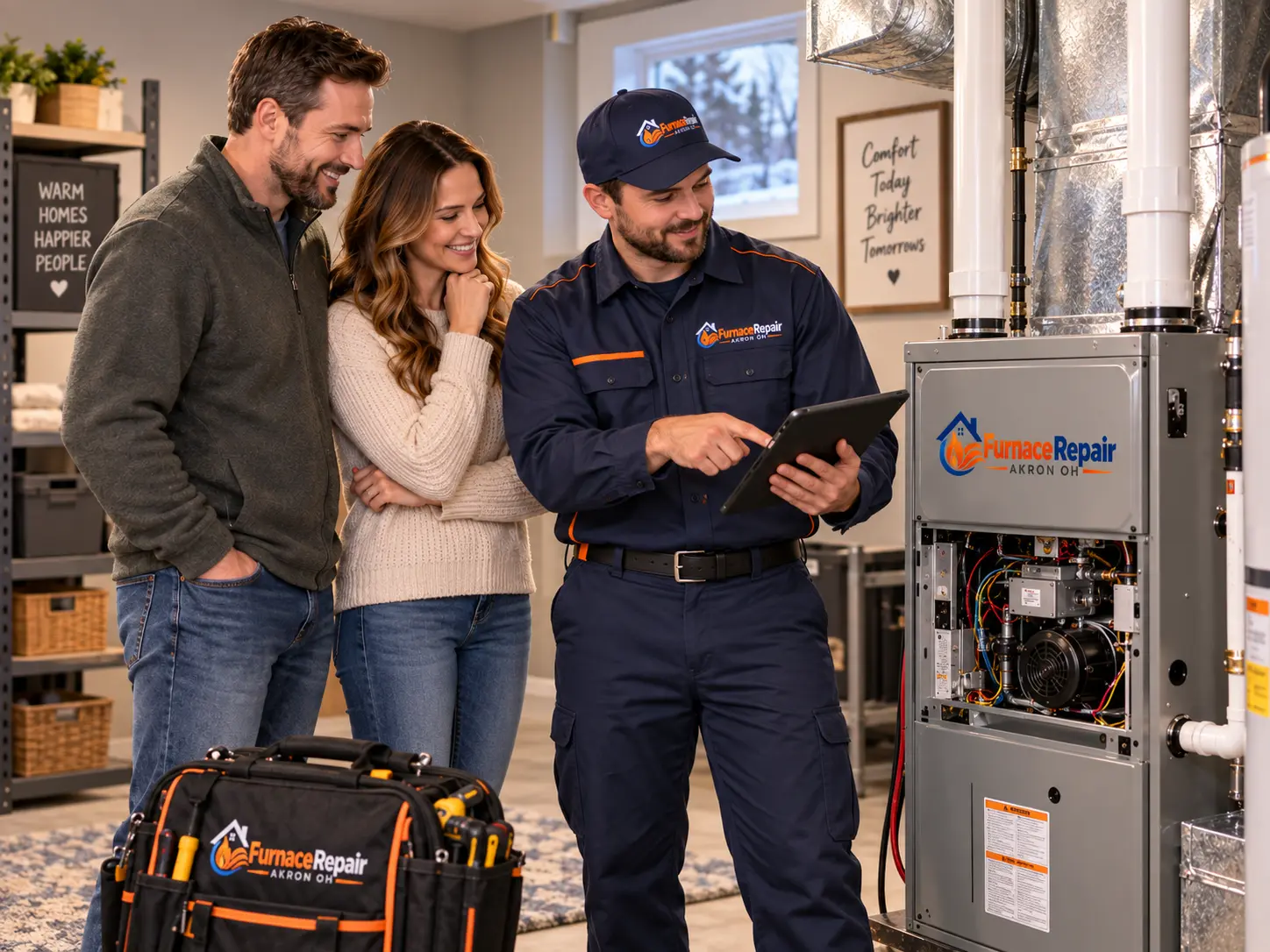 Technician showing furnace inspection results on a tablet to two homeowners