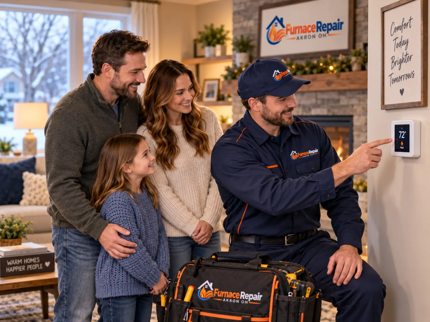 Technician checking a wall thermostat set to 72 degrees with a family in their living room