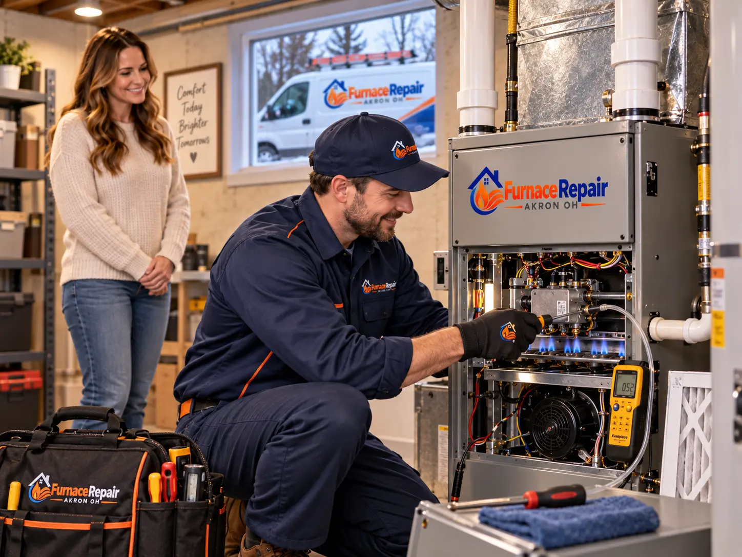 Technician working on lit gas furnace burners and internal components